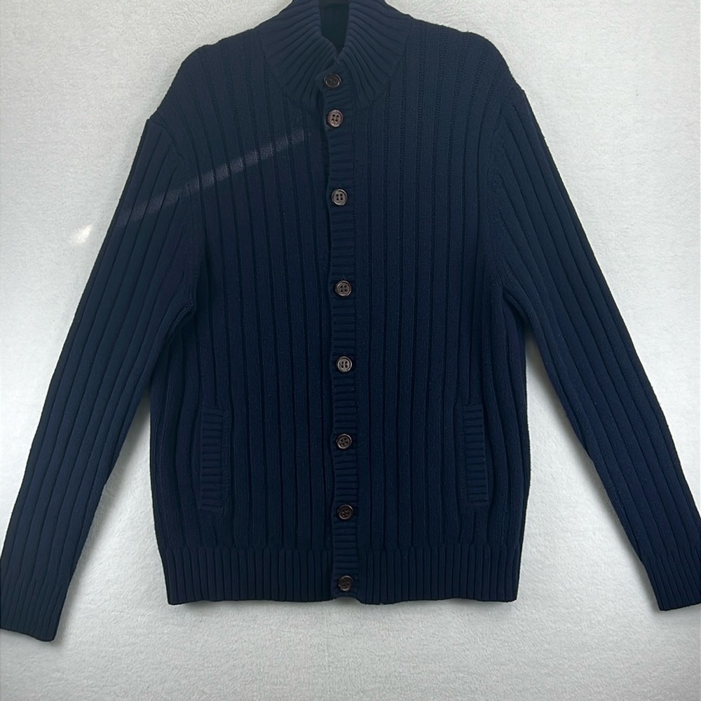 Roots Vintage Men’s Wool Blend Cardigan Sweater Navy Sz XXL* Brown Buttons